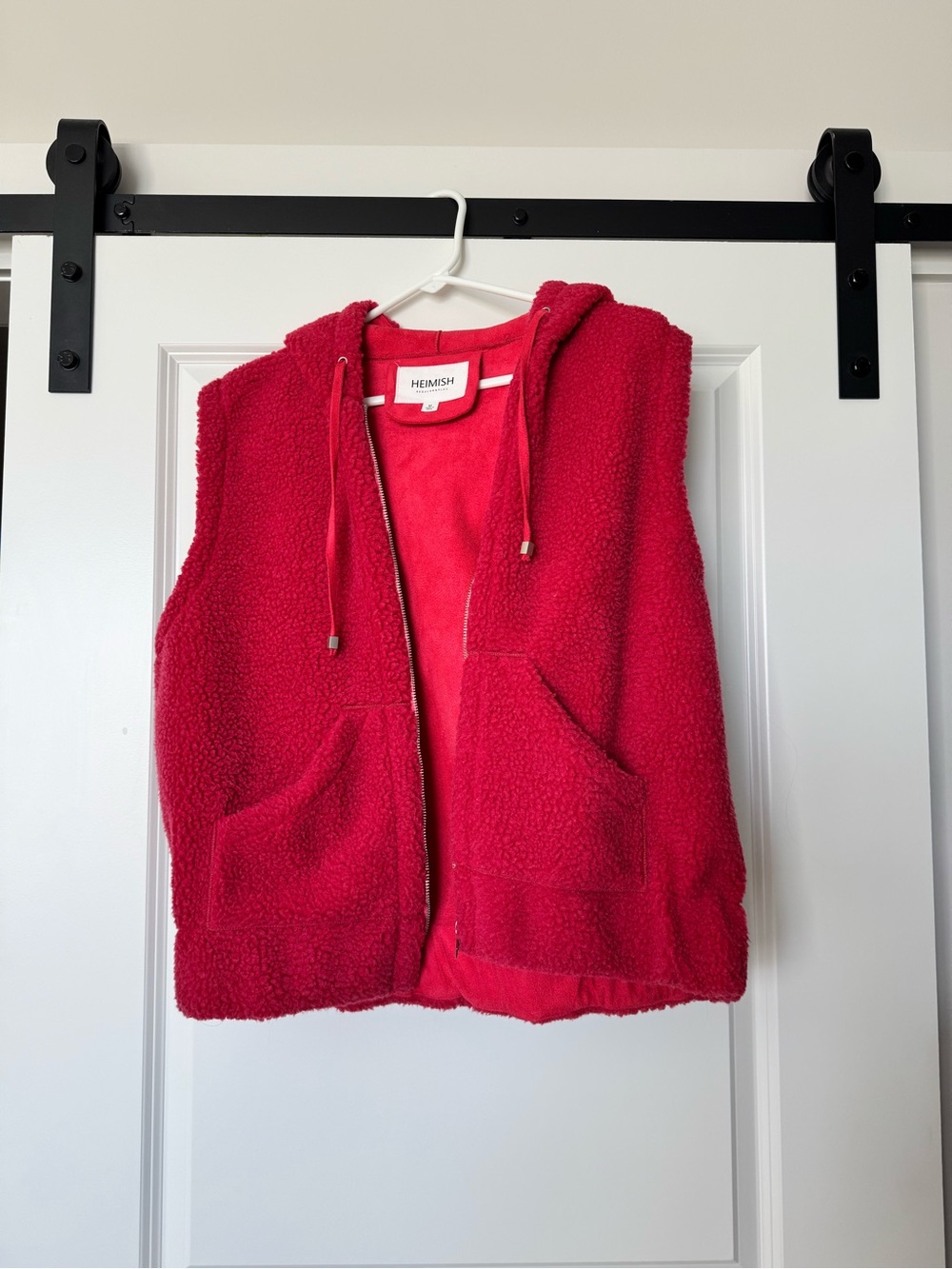 HEIMISH Plush Hooded Sherpa Vest in Red